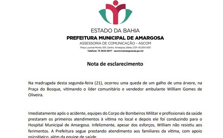 Prefeitura de Amargosa emite nota de esclarecimento sobre acidente fatal na Praça do Bosque