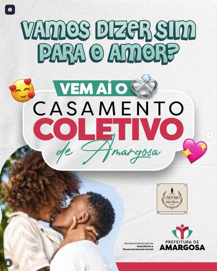 Prefeitura de Amargosa abre inscrições para Casamento Comunitário gratuito
