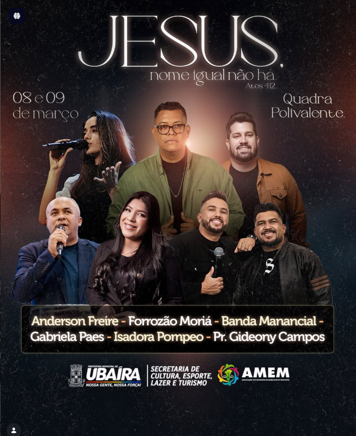 Isadora Pompeo, Anderson Freire e Gabriela Paes estarão no Dia dos Evangélicos 2026, em Ubaíra