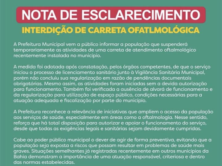 Prefeitura de Amargosa suspende carreta oftalmológica após identificação de irregularidades
