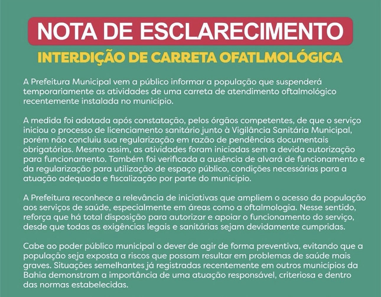 Prefeitura de Amargosa suspende carreta oftalmológica após identificação de irregularidades