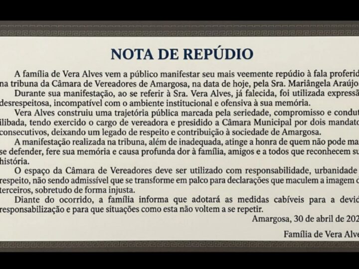Família de Dona Vera do Fórum divulga nota de repúdio após fala de advogada na câmara de vereadores de amargosa