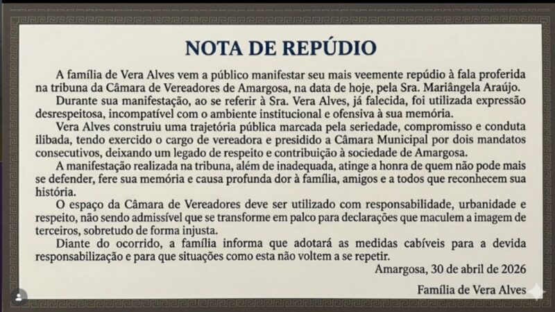 Família de Dona Vera do Fórum divulga nota de repúdio após fala de advogada na câmara de vereadores de amargosa