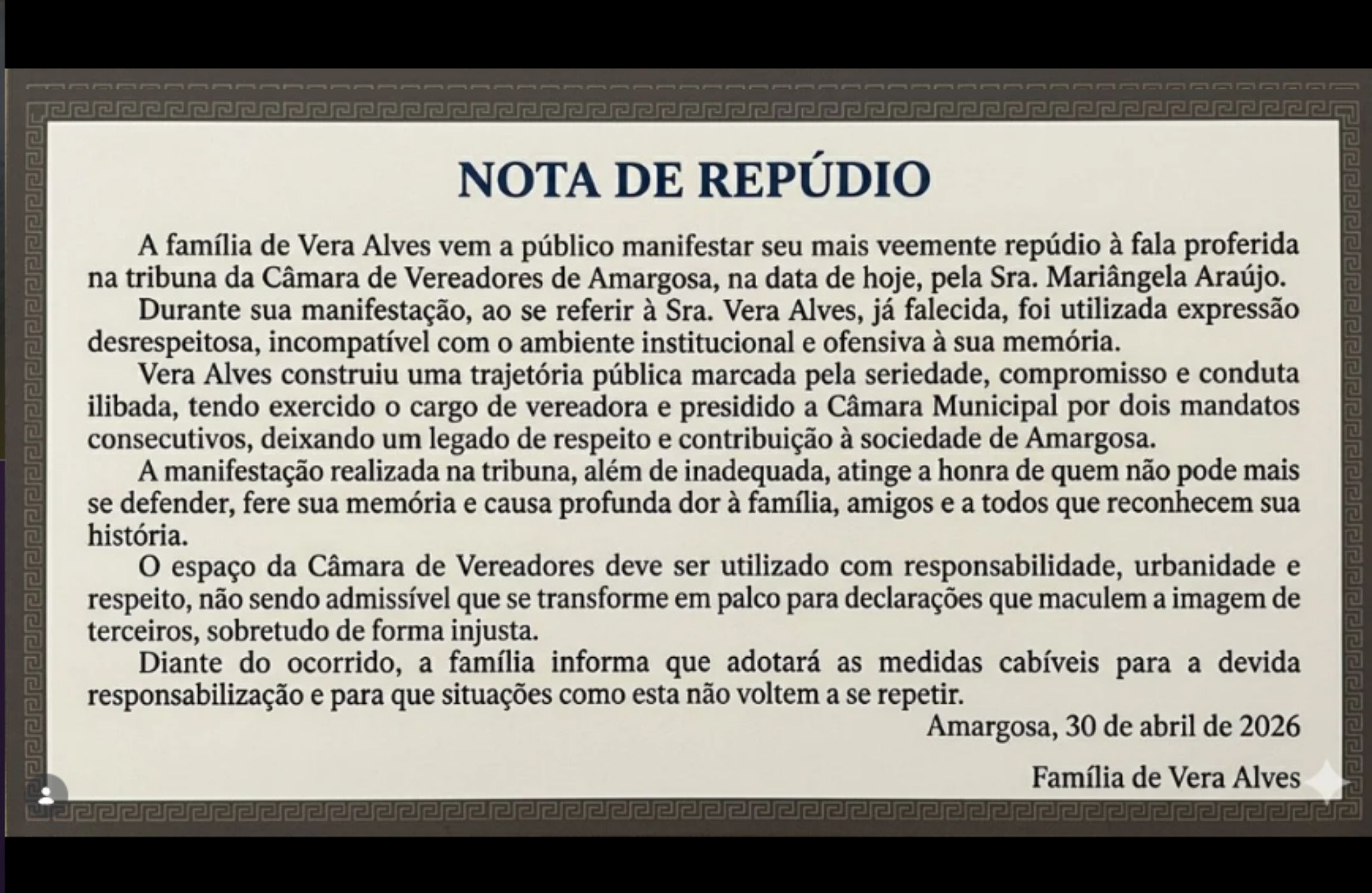 Família de Dona Vera do Fórum divulga nota de repúdio após fala de advogada na câmara de vereadores de amargosa